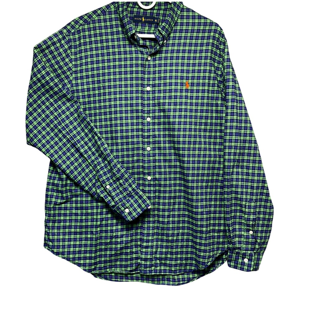 Ralph Lauren Mens Button Down Shirt XL Green Plaid Preppy Workwear Pony Logo